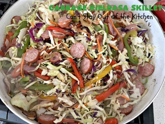 Cabbage Kielbasa Skillet | Can't Stay Out of the Kitchen | This sumptuous #German-style #MainDish can be ready in less than 30 minutes! The combination of flavors with #BellPeppers, #RedOnion, #Kielbasa & #ColeSlawMix is absolutely delightful. If you enjoy #SmokedSausage with #cabbage or #sauerkraut, you'll rave over this amazing #SkilletSupper. #30MinuteRecipe #30MinuteSkilletSupper #GlutenFree #CabbageKielbasaSkillet