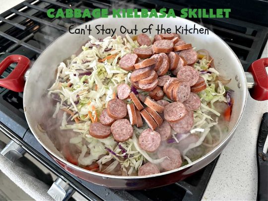 Cabbage Kielbasa Skillet | Can't Stay Out of the Kitchen | This sumptuous #German-style #MainDish can be ready in less than 30 minutes! The combination of flavors with #BellPeppers, #RedOnion, #Kielbasa & #ColeSlawMix is absolutely delightful. If you enjoy #SmokedSausage with #cabbage or #sauerkraut, you'll rave over this amazing #SkilletSupper. #30MinuteRecipe #30MinuteSkilletSupper #GlutenFree #CabbageKielbasaSkillet