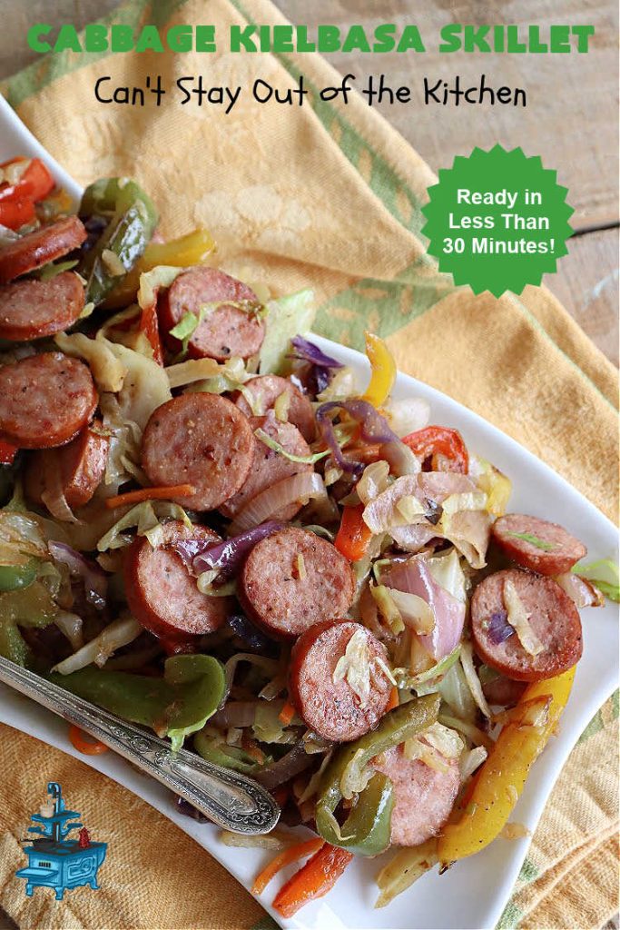 Cabbage Kielbasa Skillet | Can't Stay Out of the Kitchen | This sumptuous #German-style #MainDish can be ready in less than 30 minutes! The combination of flavors with #BellPeppers, #RedOnion, #Kielbasa & #ColeSlawMix is absolutely delightful. If you enjoy #SmokedSausage with #cabbage or #sauerkraut, you'll rave over this amazing #SkilletSupper. #30MinuteRecipe #30MinuteSkilletSupper #GlutenFree #CabbageKielbasaSkillet