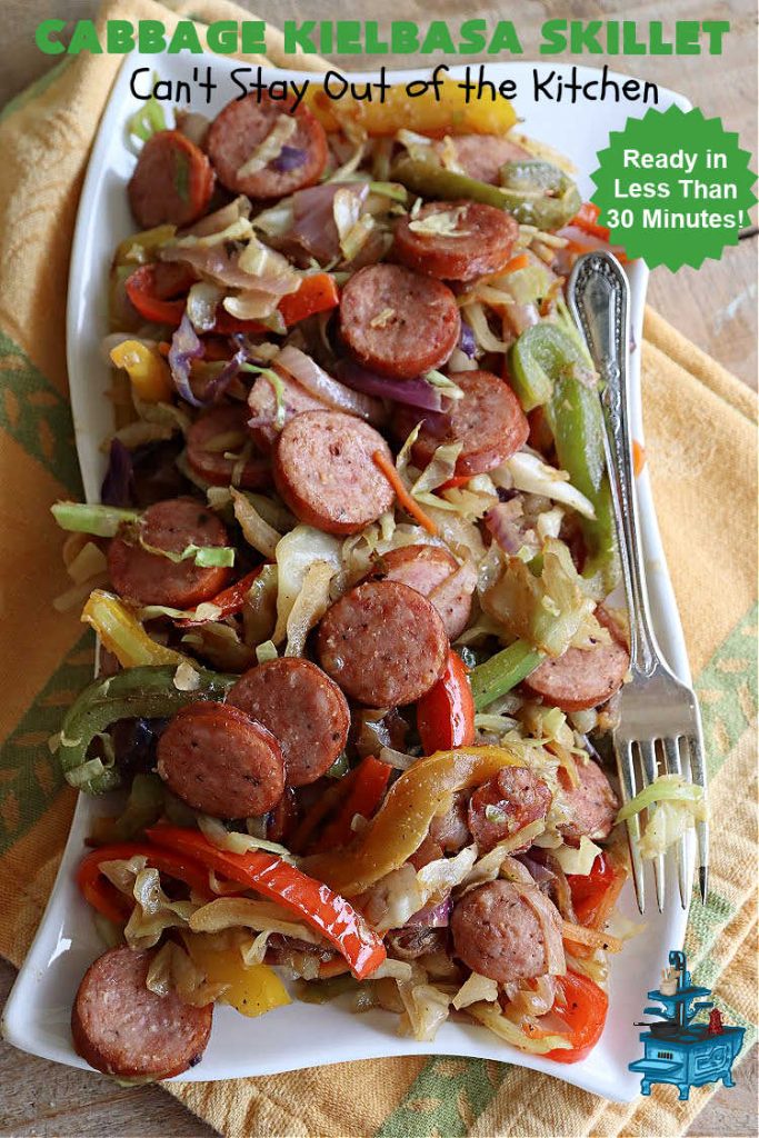 Cabbage Kielbasa Skillet | Can't Stay Out of the Kitchen | This sumptuous #German-style #MainDish can be ready in less than 30 minutes! The combination of flavors with #BellPeppers, #RedOnion, #Kielbasa & #ColeSlawMix is absolutely delightful. If you enjoy #SmokedSausage with #cabbage or #sauerkraut, you'll rave over this amazing #SkilletSupper. #30MinuteRecipe #30MinuteSkilletSupper #GlutenFree #CabbageKielbasaSkillet