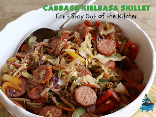 Cabbage Kielbasa Skillet | Can't Stay Out of the Kitchen | This sumptuous #German-style #MainDish can be ready in less than 30 minutes! The combination of flavors with #BellPeppers, #RedOnion, #Kielbasa & #ColeSlawMix is absolutely delightful. If you enjoy #SmokedSausage with #cabbage or #sauerkraut, you'll rave over this amazing #SkilletSupper. #30MinuteRecipe #30MinuteSkilletSupper #GlutenFree #CabbageKielbasaSkillet