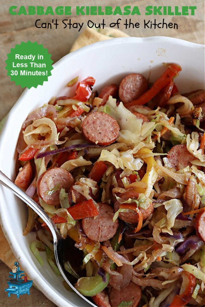 Cabbage Kielbasa Skillet | Can't Stay Out of the Kitchen | This sumptuous #German-style #MainDish can be ready in less than 30 minutes! The combination of flavors with #BellPeppers, #RedOnion, #Kielbasa & #ColeSlawMix is absolutely delightful. If you enjoy #SmokedSausage with #cabbage or #sauerkraut, you'll rave over this amazing #SkilletSupper. #30MinuteRecipe #30MinuteSkilletSupper #GlutenFree #CabbageKielbasaSkillet