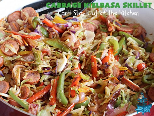 Cabbage Kielbasa Skillet | Can't Stay Out of the Kitchen | This sumptuous #German-style #MainDish can be ready in less than 30 minutes! The combination of flavors with #BellPeppers, #RedOnion, #Kielbasa & #ColeSlawMix is absolutely delightful. If you enjoy #SmokedSausage with #cabbage or #sauerkraut, you'll rave over this amazing #SkilletSupper. #30MinuteRecipe #30MinuteSkilletSupper #GlutenFree #CabbageKielbasaSkillet