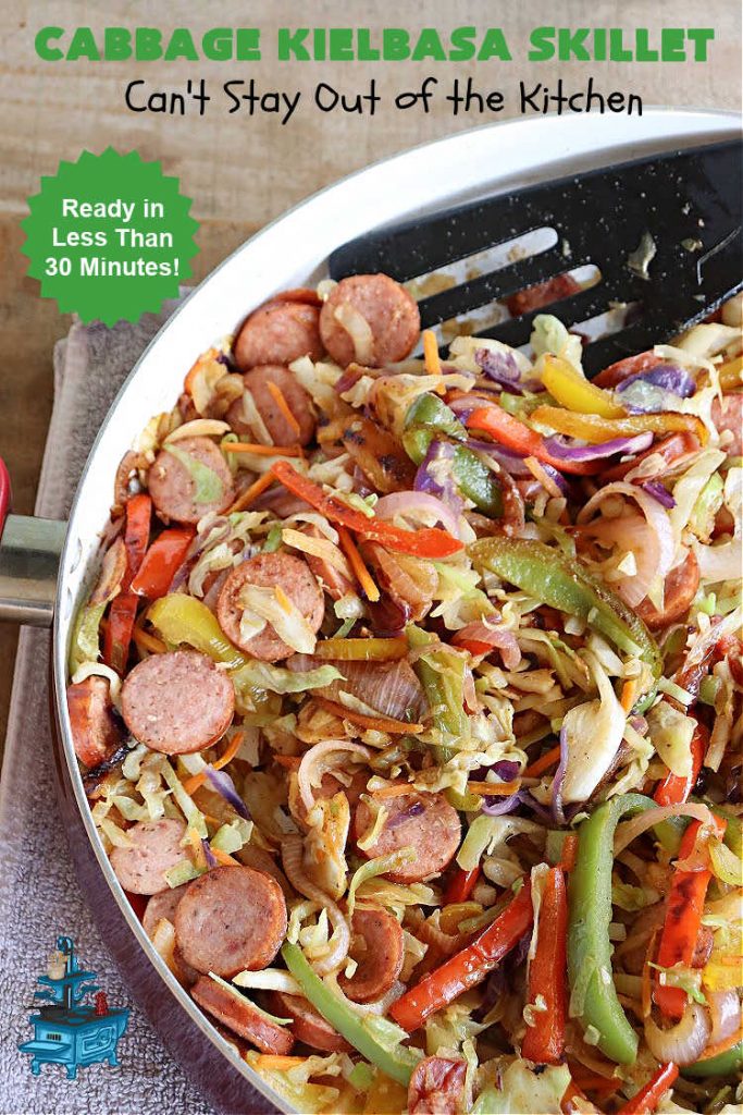 Cabbage Kielbasa Skillet | Can't Stay Out of the Kitchen | This sumptuous #German-style #MainDish can be ready in less than 30 minutes! The combination of flavors with #BellPeppers, #RedOnion, #Kielbasa & #ColeSlawMix is absolutely delightful. If you enjoy #SmokedSausage with #cabbage or #sauerkraut, you'll rave over this amazing #SkilletSupper. #30MinuteRecipe #30MinuteSkilletSupper #GlutenFree #CabbageKielbasaSkillet