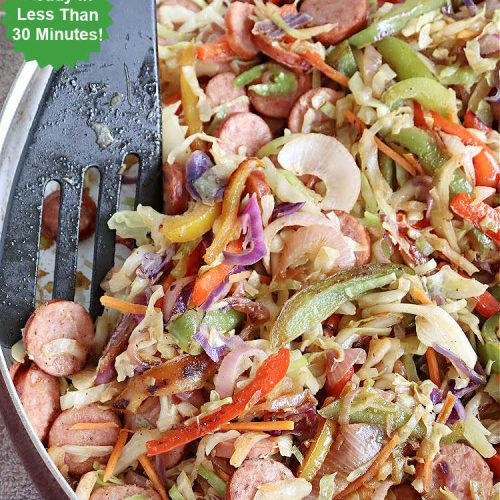 Cabbage Kielbasa Skillet | Can't Stay Out of the Kitchen | This sumptuous #German-style #MainDish can be ready in less than 30 minutes! The combination of flavors with #BellPeppers, #RedOnion, #Kielbasa & #ColeSlawMix is absolutely delightful. If you enjoy #SmokedSausage with #cabbage or #sauerkraut, you'll rave over this amazing #SkilletSupper. #30MinuteRecipe #30MinuteSkilletSupper #GlutenFree #CabbageKielbasaSkillet