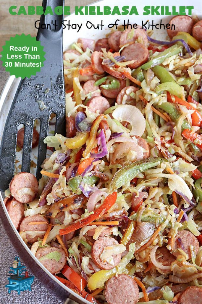 Cabbage Kielbasa Skillet | Can't Stay Out of the Kitchen | This sumptuous #German-style #MainDish can be ready in less than 30 minutes! The combination of flavors with #BellPeppers, #RedOnion, #Kielbasa & #ColeSlawMix is absolutely delightful. If you enjoy #SmokedSausage with #cabbage or #sauerkraut, you'll rave over this amazing #SkilletSupper. #30MinuteRecipe #30MinuteSkilletSupper #GlutenFree #CabbageKielbasaSkillet