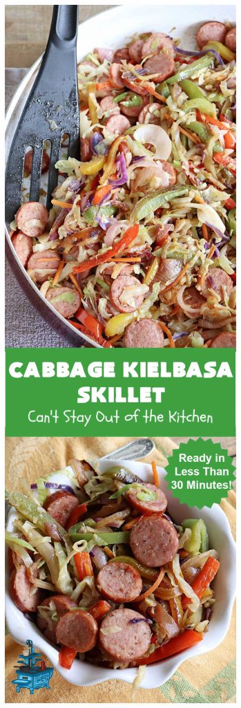 Cabbage Kielbasa Skillet | Can't Stay Out of the Kitchen | This sumptuous #German-style #MainDish can be ready in less than 30 minutes! The combination of flavors with #BellPeppers, #RedOnion, #Kielbasa & #ColeSlawMix is absolutely delightful. If you enjoy #SmokedSausage with #cabbage or #sauerkraut, you'll rave over this amazing #SkilletSupper. #30MinuteRecipe #30MinuteSkilletSupper #GlutenFree #CabbageKielbasaSkillet