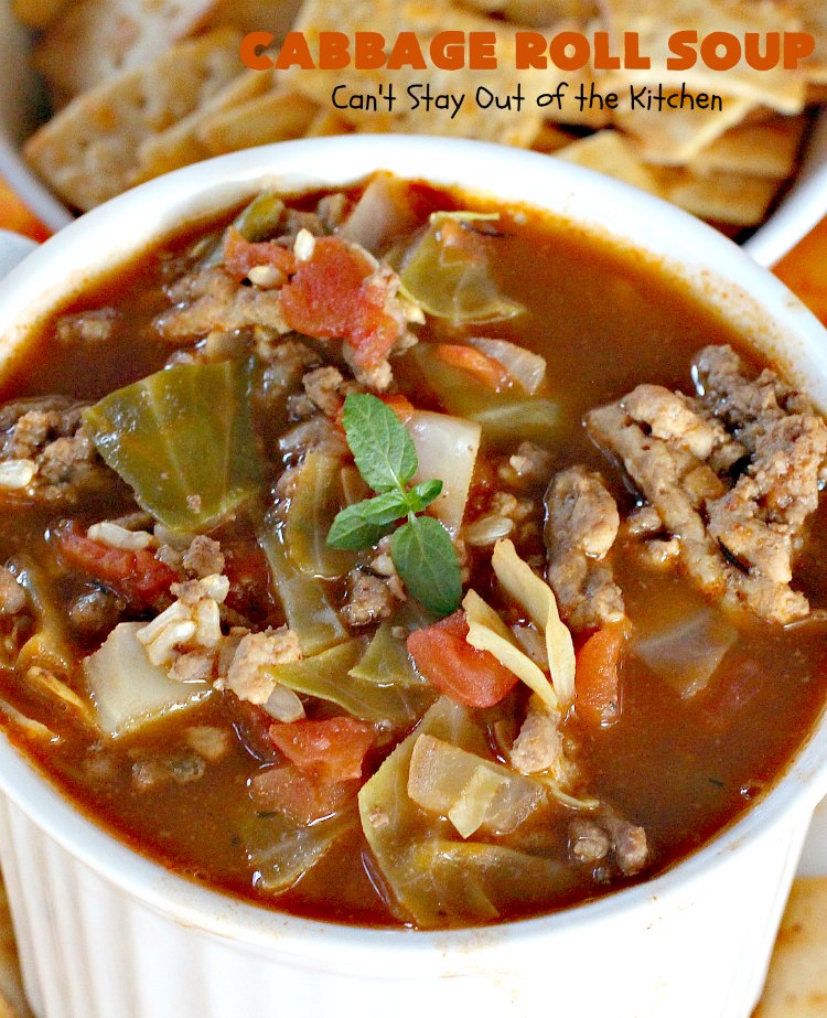 Cabbage Roll Soup | Can't Stay Out of the Kitchen | this awesome #soup tastes like eating #cabbagerolls in soup form! Perfect for chilly fall or winter nights. #glutenfree #beef #rice #Italiansausage #cabbage #tomatoes