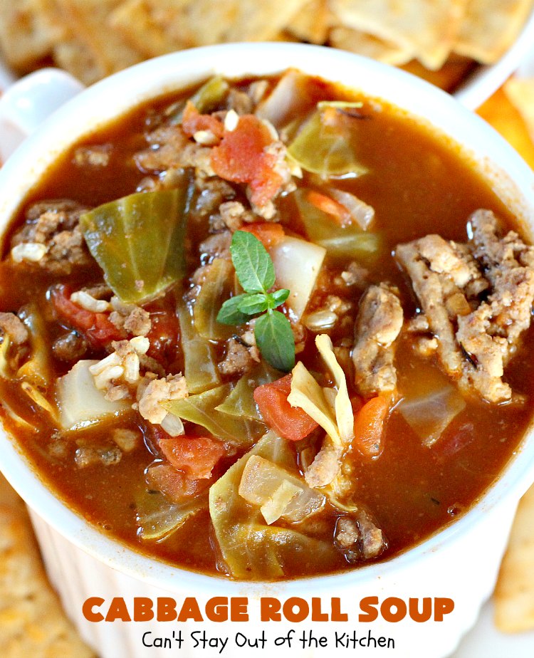Cabbage Roll Soup | Can't Stay Out of the Kitchen | this awesome #soup tastes like eating #cabbagerolls in soup form! Perfect for chilly fall or winter nights. #glutenfree #beef #rice #Italiansausage #cabbage #tomatoes