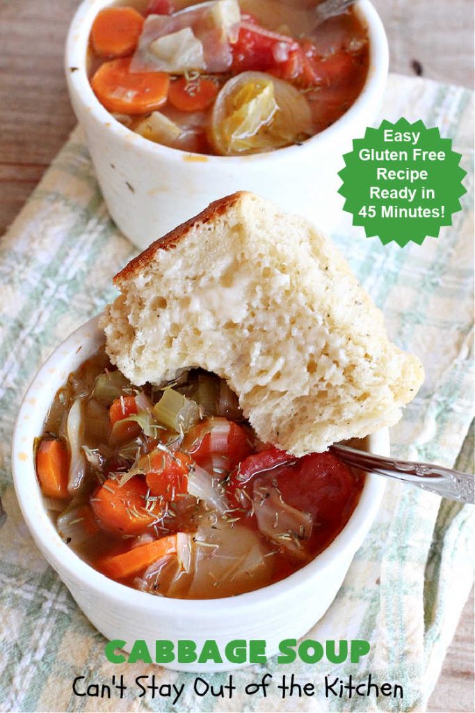 Cabbage Soup | Can't Stay Out of the Kitchen | This has got to be one of the best #CabbageSoup #recipes I've ever eaten! It can be whipped up in less than 45 minutes! It's #healthy, #LowCalorie & #GlutenFree. Great comfort food in fall or winter. #cabbage #StewedTomatoes #carrots