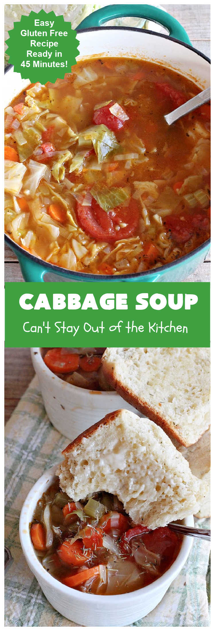Cabbage Soup | Can't Stay Out of the Kitchen | This has got to be one of the best #CabbageSoup #recipes I've ever eaten! It can be whipped up in less than 45 minutes! It's #healthy, #LowCalorie & #GlutenFree. Great comfort food in fall or winter. #cabbage #StewedTomatoes #carrots