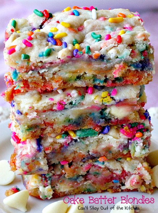 Cake Batter Blondies | Can't Stay Out of the Kitchen | the most awesome blondies ever! These are filled with #whitechocolatechips & #rainbowsprinkles for a heavenly taste you'll be drooling over! #chocolate #dessert