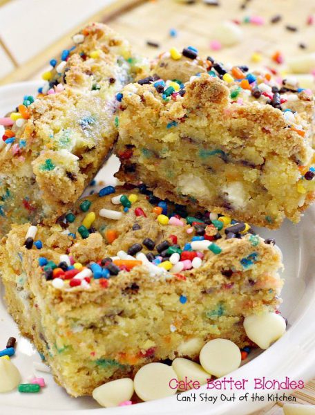 Cake Batter Blondies | Can't Stay Out of the Kitchen | these rich, gooey #cookie bars are filled with #whitechocolatechips and #sprinkles and start with a #cakemix! #dessert #chocolate