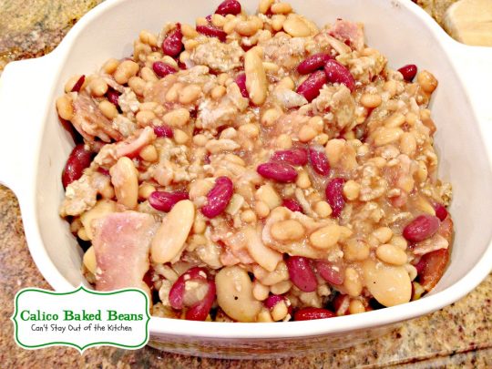 Calico Baked Beans | Can't Stay Out of the Kitchen | these fabulous #bakedbeans use 3 different beans and are seasoned wonderfully with #groundbeef and #bacon.