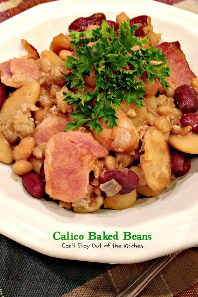 Calico Baked Beans | Can't Stay Out of the Kitchen | these fabulous #bakedbeans use 3 different beans and are seasoned wonderfully with #groundbeef and #bacon.