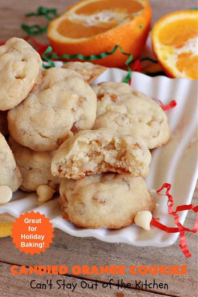 Candied Orange Cookies | Can't Stay Out of the Kitchen | these delightful #cookies are made with vanilla chips & #CandiedOrangePeel. They're festive & beautiful enough for any #holiday party or #ChristmasCookieExchange. #dessert #ParadiseFruitCompany #HolidayDessert #ParadiseCandiedFruit #OrangeDessert #CandiedOrangeCookies