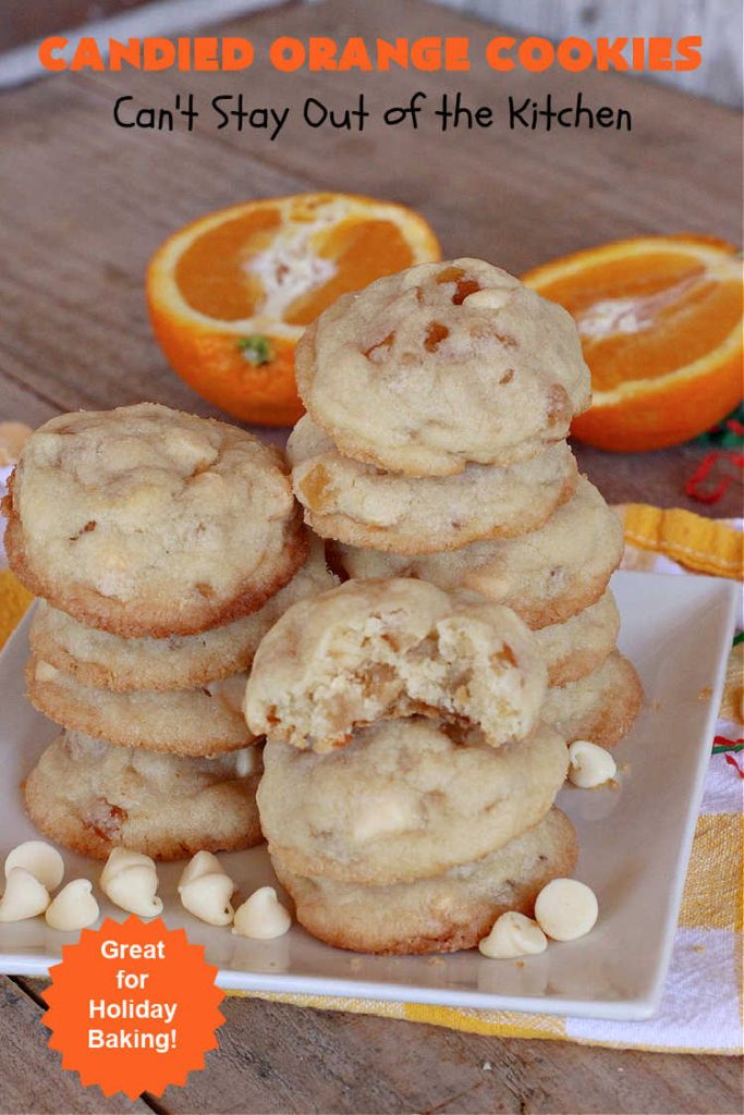 Candied Orange Cookies | Can't Stay Out of the Kitchen | these delightful #cookies are made with vanilla chips & #CandiedOrangePeel. They're festive & beautiful enough for any #holiday party or #ChristmasCookieExchange. #dessert #ParadiseFruitCompany #HolidayDessert #ParadiseCandiedFruit #OrangeDessert #CandiedOrangeCookies