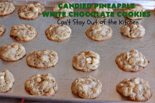 Candied Pineapple White Chocolate Cookies | these delightful #OatmealCookies include #CandiedPineapple & #WhiteChocolateChips for a robust flavor that will knock your socks off! Terrific for #holiday or #tailgating parties or a #ChristmasCookieExchange. #cookies #ParadiseCandiedFruit #chocolate #ParadiseFruitCompany #pineapple #holiday #dessert #HolidayDessert #HolidayBaking #Christmas #Thanksgiving #NewYearsDay #CandiedPineappleWhiteChocolateCookies