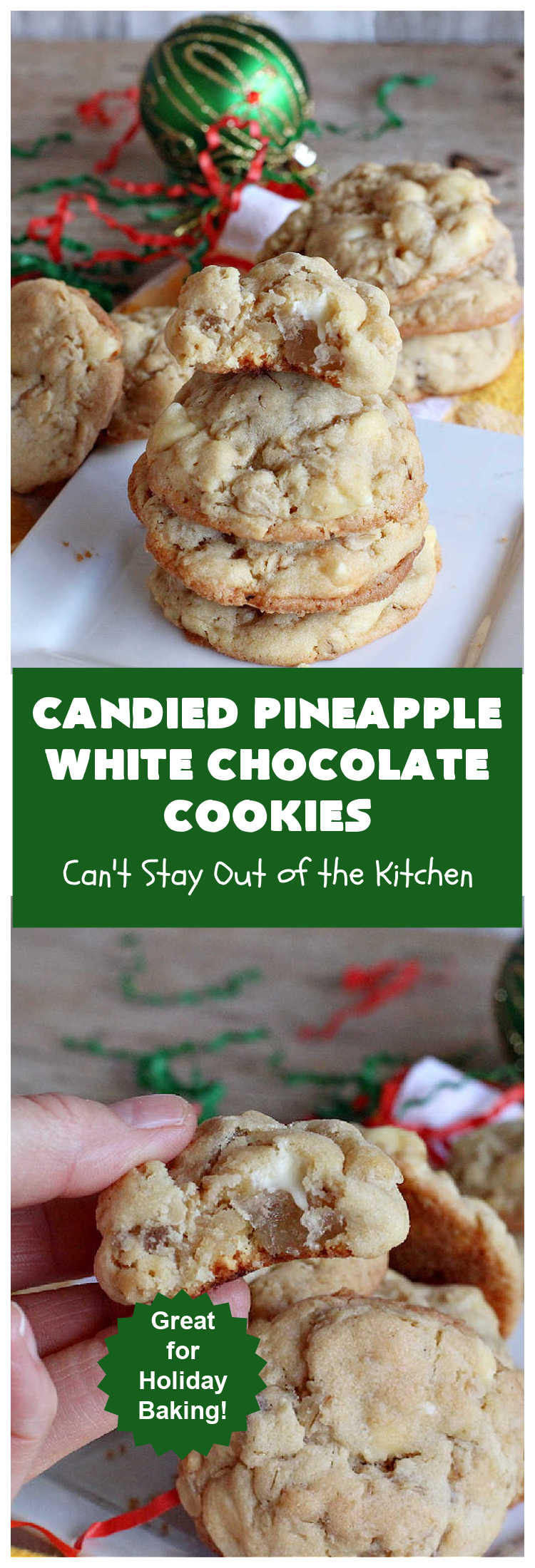 Candied Pineapple White Chocolate Cookies | these delightful #OatmealCookies include #CandiedPineapple & #WhiteChocolateChips for a robust flavor that will knock your socks off! Terrific for #holiday or #tailgating parties or a #ChristmasCookieExchange. #cookies #ParadiseCandiedFruit #chocolate #ParadiseFruitCompany #pineapple #holiday #dessert #HolidayDessert #HolidayBaking #Christmas #Thanksgiving #NewYearsDay #CandiedPineappleWhiteChocolateCookies