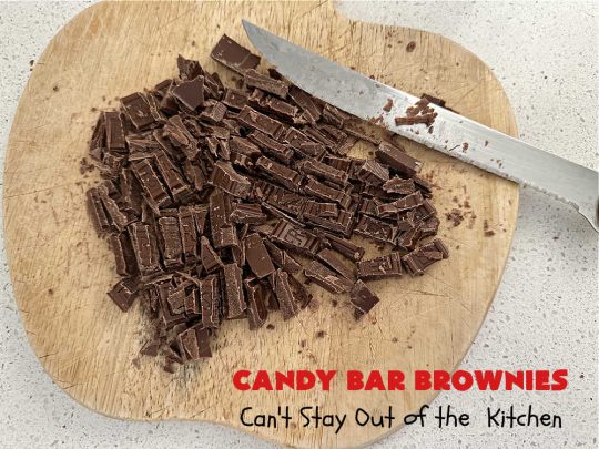 Candy Bar Brownies | Can't Stay Out of the Kitchen | these scrumptious #brownies are filled with #SnickersBars & #HersheysChocolateBars so they have triple the #chocolate flavor. Rich, decadent & heavenly, these #CandyBarBrownies will rock your world! You'll be swooning over every delicious bite! #tailgating #ChocolateDessert #SnickersDessert #HersheysDessert #Hersheys #CandyBars