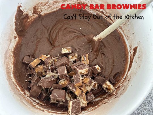 Candy Bar Brownies | Can't Stay Out of the Kitchen | these scrumptious #brownies are filled with #SnickersBars & #HersheysChocolateBars so they have triple the #chocolate flavor. Rich, decadent & heavenly, these #CandyBarBrownies will rock your world! You'll be swooning over every delicious bite! #tailgating #ChocolateDessert #SnickersDessert #HersheysDessert #Hersheys #CandyBars