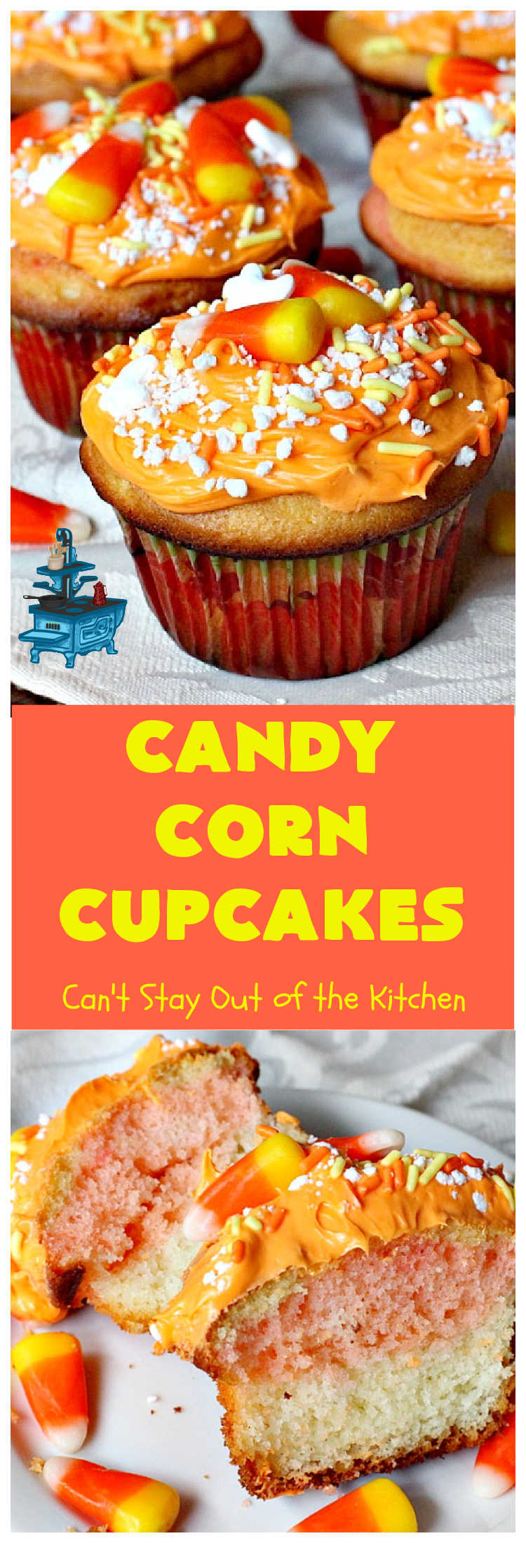 Candy Corn Cupcakes | Can't Stay Out of the Kitchen | these adorable #cupcakes are made with #CandyCorns and are a great way to use up leftover #Halloween candy! #dessert #HalloweenDessert #CandyCornCupcakes