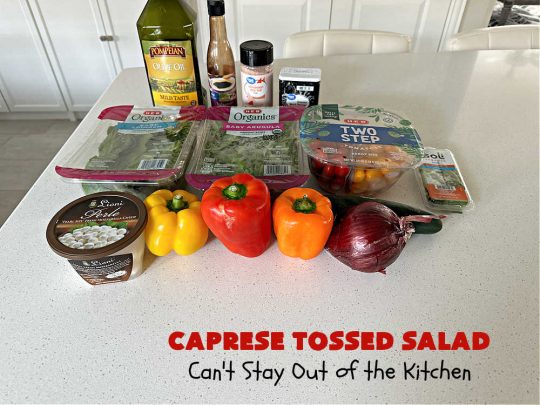 Caprese Tossed Salad | Can't Stay Out of the Kitchen | this amazing #salad has the wonderful flavors of #caprese but with a few extra #vegetables & #spinach to give it that #TossedSalad appearance & texture. Simple, easy & delightful for family or company dinners. Great way to use up #garden #veggies, too. #tomatoes #basil #MozzarellaPearls #cucumber #BalsamicVinegar #GlutenFree #CapreseTossedSalad