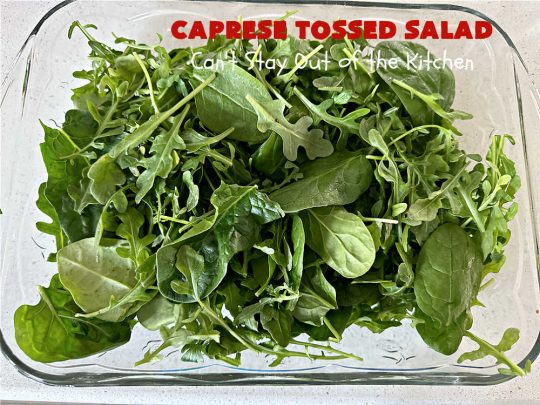 Caprese Tossed Salad | Can't Stay Out of the Kitchen | this amazing #salad has the wonderful flavors of #caprese but with a few extra #vegetables & #spinach to give it that #TossedSalad appearance & texture. Simple, easy & delightful for family or company dinners. Great way to use up #garden #veggies, too. #tomatoes #basil #MozzarellaPearls #cucumber #BalsamicVinegar #GlutenFree #CapreseTossedSalad