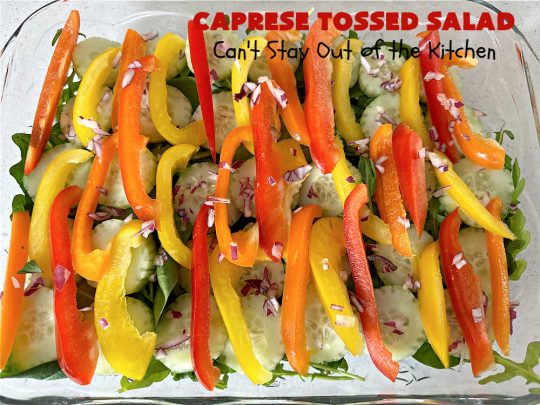 Caprese Tossed Salad | Can't Stay Out of the Kitchen | this amazing #salad has the wonderful flavors of #caprese but with a few extra #vegetables & #spinach to give it that #TossedSalad appearance & texture. Simple, easy & delightful for family or company dinners. Great way to use up #garden #veggies, too. #tomatoes #basil #MozzarellaPearls #cucumber #BalsamicVinegar #GlutenFree #CapreseTossedSalad