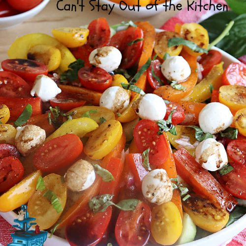 Caprese Tossed Salad | Can't Stay Out of the Kitchen | this amazing #salad has the wonderful flavors of #caprese but with a few extra #vegetables & #spinach to give it that #TossedSalad appearance & texture. Simple, easy & delightful for family or company dinners. Great way to use up #garden #veggies, too. #tomatoes #basil #MozzarellaPearls #cucumber #BalsamicVinegar #GlutenFree #CapreseTossedSalad