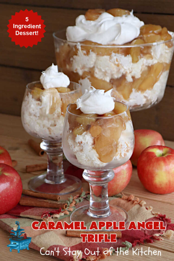 Caramel Apple Angel Trifle | Can't Stay Out of the Kitchen | You'll swoon over the outrageous taste of #CaramelApples in this fabulous #5Ingredient #dessert! It's so easy to whip up & perfect for company, special occasions or #holiday dinners. Every bite will have you drooling! #apples #AppleDessert #CaramelAppleAngelDessert #CreamCheese #CaramelAppleAngelTrifle #AngelFoodCake