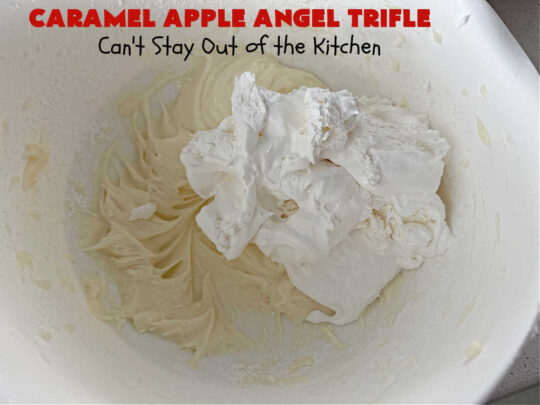 Caramel Apple Angel Trifle | Can't Stay Out of the Kitchen | You'll swoon over the outrageous taste of #CaramelApples in this fabulous #5Ingredient #dessert! It's so easy to whip up & perfect for company, special occasions or #holiday dinners. Every bite will have you drooling! #apples #AppleDessert #CaramelAppleAngelDessert #CreamCheese #CaramelAppleAngelTrifle #AngelFoodCake