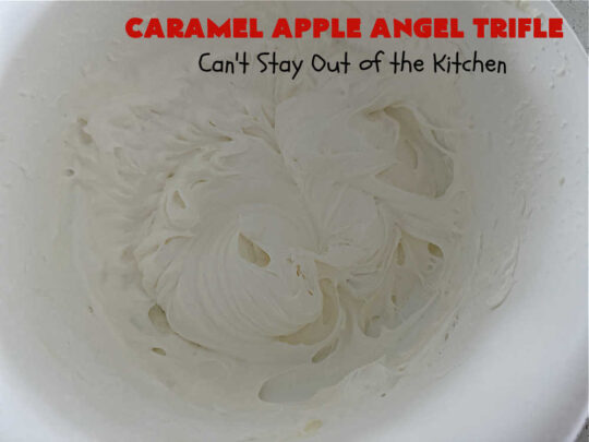 Caramel Apple Angel Trifle | Can't Stay Out of the Kitchen | You'll swoon over the outrageous taste of #CaramelApples in this fabulous #5Ingredient #dessert! It's so easy to whip up & perfect for company, special occasions or #holiday dinners. Every bite will have you drooling! #apples #AppleDessert #CaramelAppleAngelDessert #CreamCheese #CaramelAppleAngelTrifle #AngelFoodCake