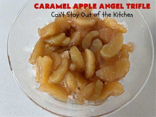 Caramel Apple Angel Trifle | Can't Stay Out of the Kitchen | You'll swoon over the outrageous taste of #CaramelApples in this fabulous #5Ingredient #dessert! It's so easy to whip up & perfect for company, special occasions or #holiday dinners. Every bite will have you drooling! #apples #AppleDessert #CaramelAppleAngelDessert #CreamCheese #CaramelAppleAngelTrifle #AngelFoodCake