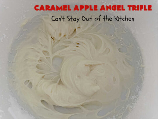 Caramel Apple Angel Trifle | Can't Stay Out of the Kitchen | You'll swoon over the outrageous taste of #CaramelApples in this fabulous #5Ingredient #dessert! It's so easy to whip up & perfect for company, special occasions or #holiday dinners. Every bite will have you drooling! #apples #AppleDessert #CaramelAppleAngelDessert #CreamCheese #CaramelAppleAngelTrifle #AngelFoodCake