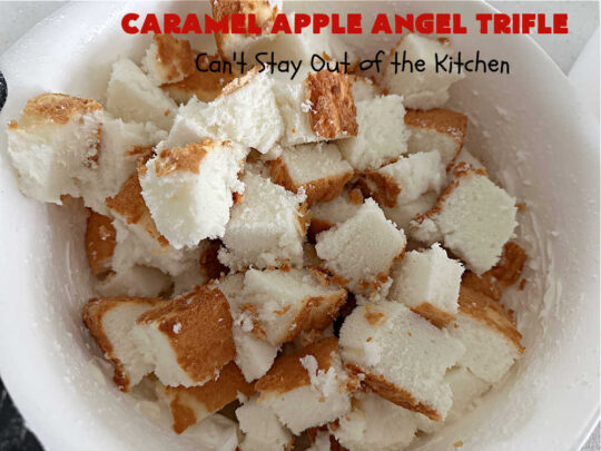 Caramel Apple Angel Trifle | Can't Stay Out of the Kitchen | You'll swoon over the outrageous taste of #CaramelApples in this fabulous #5Ingredient #dessert! It's so easy to whip up & perfect for company, special occasions or #holiday dinners. Every bite will have you drooling! #apples #AppleDessert #CaramelAppleAngelDessert #CreamCheese #CaramelAppleAngelTrifle #AngelFoodCake