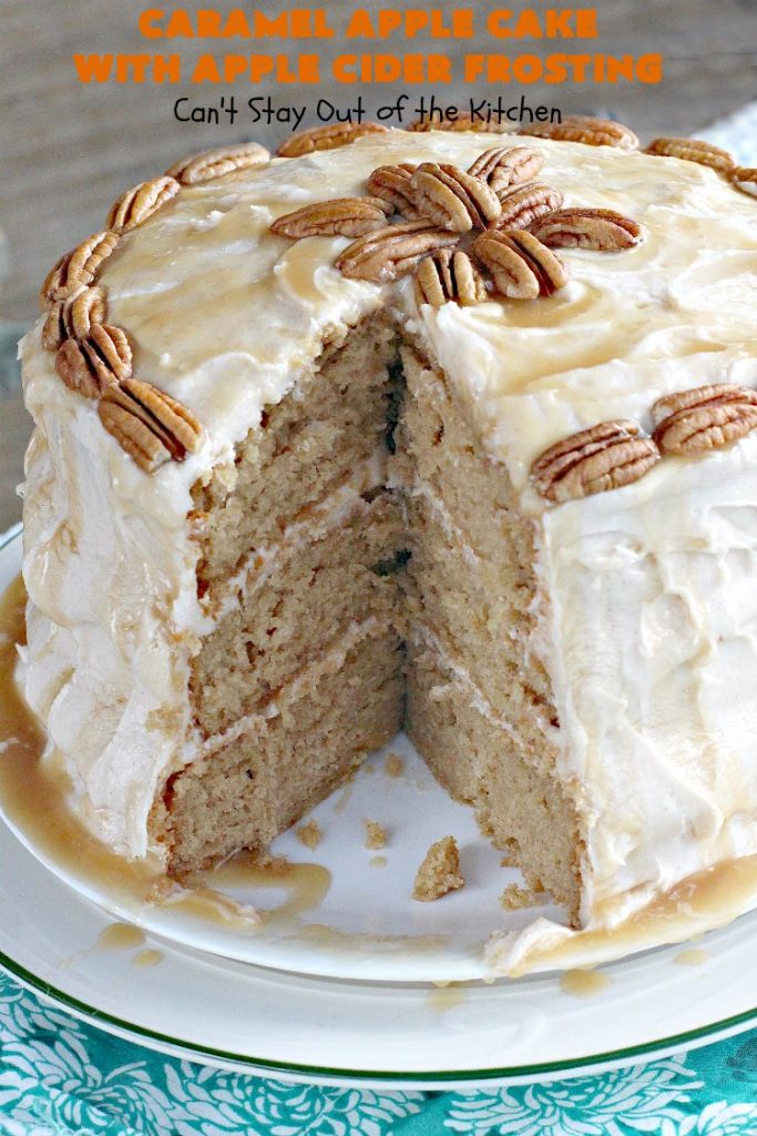 Caramel Apple Cake with Apple Cider Frosting | Can't Stay Out of the Kitchen | this heavenly #cake is rich, decadent & divine! It uses #caramel sauce in the cake & drizzled over the frosting. Absolutely mouthwatering! #dessert #apple