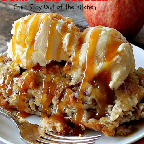 Caramel Apple Dump Cake Cobbler | Can't Stay Out of the Kitchen | this fantastic #cobbler uses only 5 ingredients & can be oven ready in 5 minutes! It's perfect for summer #holiday fun, potlucks, backyard Barbecues or #FathersDay. #dessert #dumpcake #apples #caramelapples