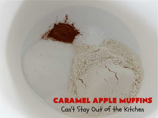 Caramel Apple Muffins | Can't Stay Out of the Kitchen | these luscious #muffins have a surprise ingredient in the middle--#caramels! They burst with flavor & are rich, decadent & heavenly for a weekend, company or #holiday #breakfast. #apples #streusel #HolidayBreakfast #CaramelApples #CaramelAppleMuffins