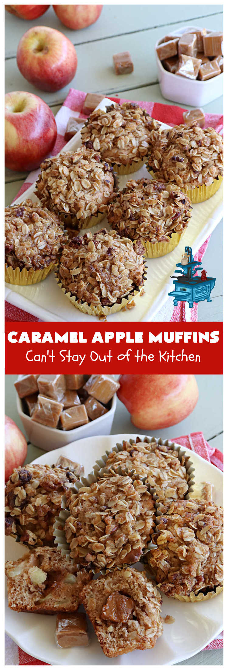 Caramel Apple Muffins | Can't Stay Out of the Kitchen | these luscious #muffins have a surprise ingredient in the middle--#caramels! They burst with flavor & are rich, decadent & heavenly for a weekend, company or #holiday #breakfast. #apples #streusel #HolidayBreakfast #CaramelApples #CaramelAppleMuffins