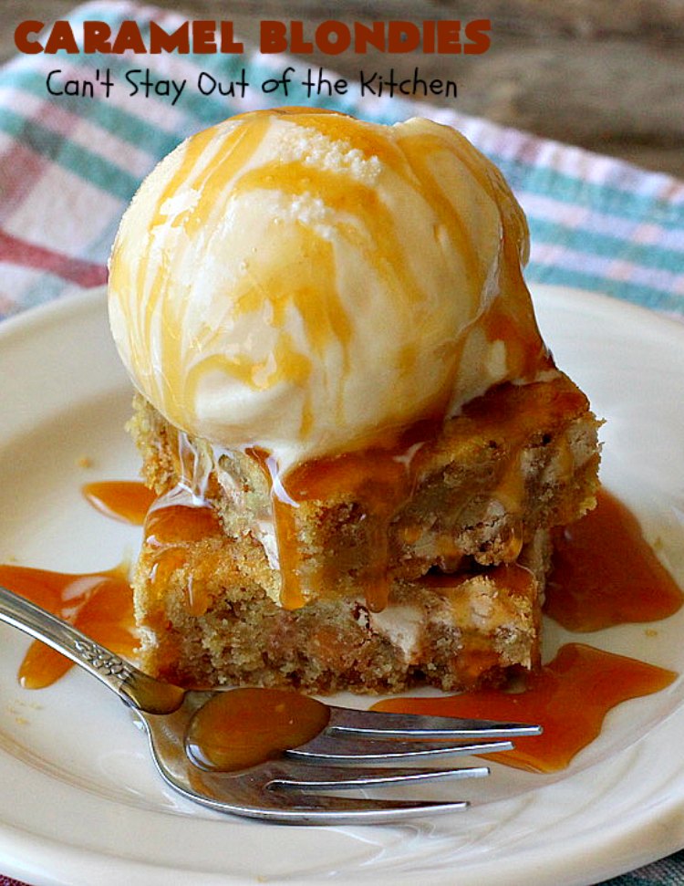 Caramel Blondies | Can't Stay Out of the Kitchen | these fantastic #cookies are made with #Ghirardelli #caramel chips. So awesome! Perfect for #tailgating parties & potlucks. #dessert #carameldessert #falldessert