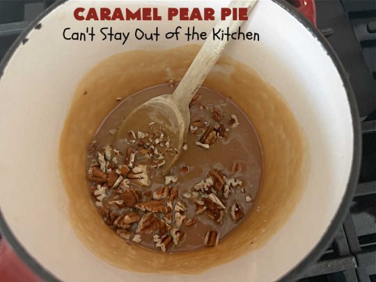 Caramel Pear Pie | Can't Stay Out of the Kitchen | this luscious #PearPie #recipe includes a layer of melted #caramels, #pecans & an #oatmeal #streusel topping that's totally scrumptious. Prepare to swoon over every bite. If you thought #CandiedApples were great, try this #pie version with #pears. Great for #holidays & company. #dessert #PearDessert #CaramelPearPie