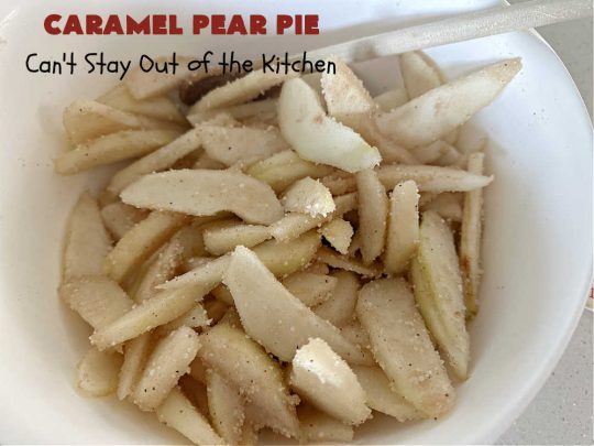 Caramel Pear Pie | Can't Stay Out of the Kitchen | this luscious #PearPie #recipe includes a layer of melted #caramels, #pecans & an #oatmeal #streusel topping that's totally scrumptious. Prepare to swoon over every bite. If you thought #CandiedApples were great, try this #pie version with #pears. Great for #holidays & company. #dessert #PearDessert #CaramelPearPie