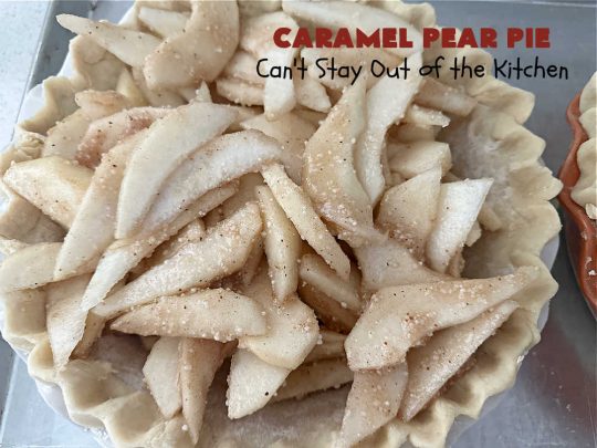 Caramel Pear Pie | Can't Stay Out of the Kitchen | this luscious #PearPie #recipe includes a layer of melted #caramels, #pecans & an #oatmeal #streusel topping that's totally scrumptious. Prepare to swoon over every bite. If you thought #CandiedApples were great, try this #pie version with #pears. Great for #holidays & company. #dessert #PearDessert #CaramelPearPie