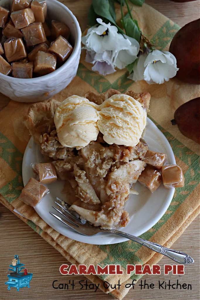 Caramel Pear Pie | Can't Stay Out of the Kitchen | this luscious #PearPie #recipe includes a layer of melted #caramels, #pecans & an #oatmeal #streusel topping that's totally scrumptious. Prepare to swoon over every bite. If you thought #CandiedApples were great, try this #pie version with #pears. Great for #holidays & company. #dessert #PearDessert #CaramelPearPie