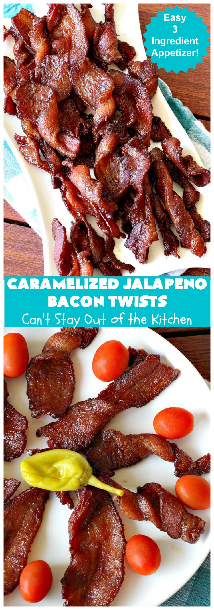 Caramelized Jalapeno Bacon Twists | Can't Stay Out of the Kitchen | this sensational 3 ingredient #appetizer is perfect for any #tailgating or #holiday party. It's quick & easy to make and has enough heat to keep it interesting. #TexMex #jalapenos #bacon #GlutenFree #3IngredientRecipe #HolidayAppetizer #GlutenFreeAppetizer #CaramelizedJalapenoBaconTwists