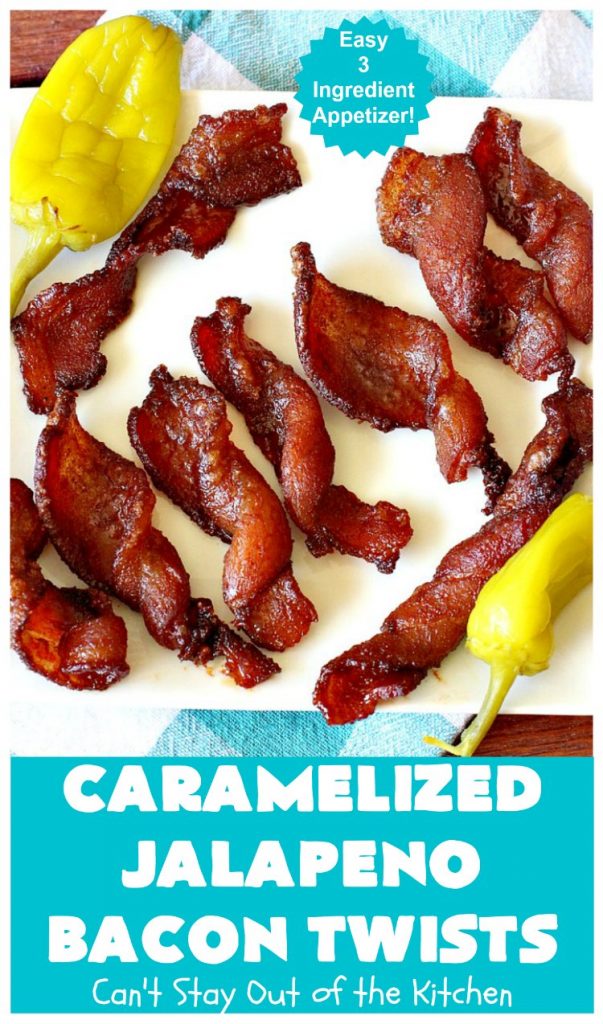 Caramelized Jalapeno Bacon Twists | Can't Stay Out of the Kitchen | this sensational 3 ingredient #appetizer is perfect for any #tailgating or #holiday party. It's quick & easy to make and has enough heat to keep it interesting. #TexMex #jalapenos #bacon #GlutenFree #3IngredientRecipe #HolidayAppetizer #GlutenFreeAppetizer #CaramelizedJalapenoBaconTwists