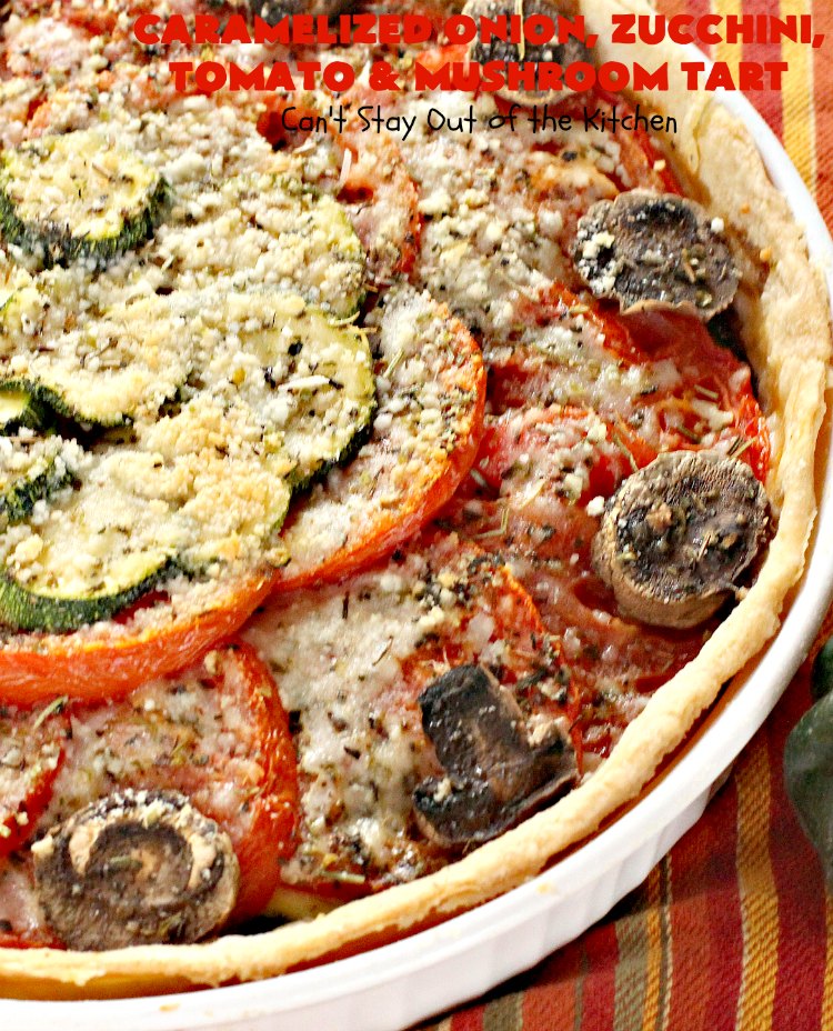 Caramelized Onion, Zucchini, Tomato and Mushroom Tart | Can't Stay Out of the Kitchen | this lovely, mouthwatering tart is filled with #tomatoes, #zucchini, #mushrooms, #CaramelizedOnions & 4 kinds of #cheese. Terrific for a #holiday or company #breakfast or for a #MeatlessMonday entree. #FontinaCheese #ParmesanCheese #AsiagoCheese #RomanoCheese #CaramelizedOnionZucchiniTomatoAndMushroomTart