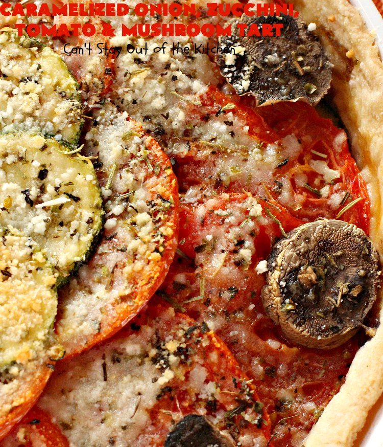Caramelized Onion, Zucchini, Tomato and Mushroom Tart | Can't Stay Out of the Kitchen | this lovely, mouthwatering tart is filled with #tomatoes, #zucchini, #mushrooms, #CaramelizedOnions & 4 kinds of #cheese. Terrific for a #holiday or company #breakfast or for a #MeatlessMonday entree. #FontinaCheese #ParmesanCheese #AsiagoCheese #RomanoCheese #CaramelizedOnionZucchiniTomatoAndMushroomTart
