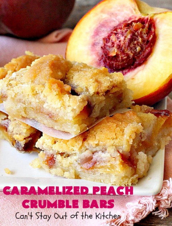 Caramelized Peach Crumble Bars | Can't Stay Out of the Kitchen | these fantastic #cookies use a luscious #SugarCookie dough. They're layered with unpeeled #peaches, then a homemade #caramelized sugar with vanilla & #almond extracts are ladled over top. #Cookie dough is crumbled over top for an ooey, gooey & decadent #dessert you will absolutely love. #peachdessert #CANbassador #WashingtonStateFruitCommission #WashingtonStateStoneFruitGrowers